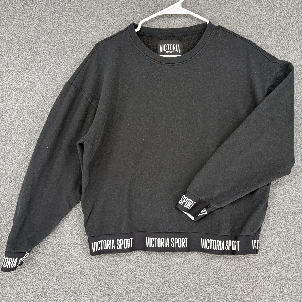 Victoria Sport Black Logo Trim Crewneck Sweatshirt Womens Medium Cropped Hoodie